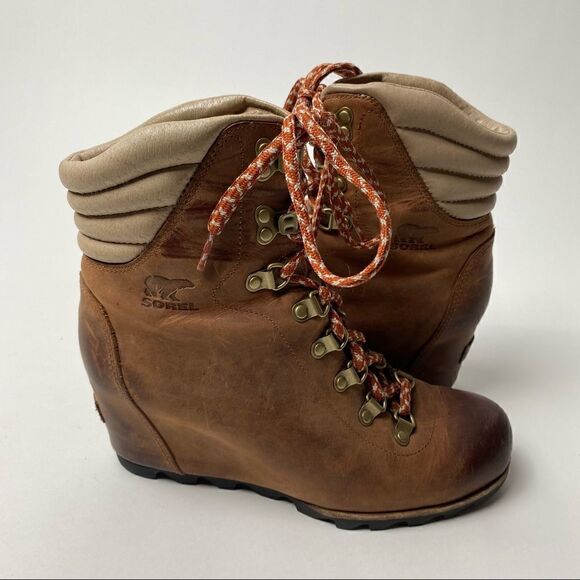 Sorel Conquest Wedge Ankle Boots Elk Camel Leather Lace Up 9.5 PDX - Picture 1 of 6